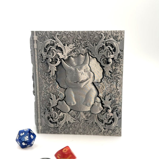 Dice Tome Dice Holder & Roller Box - Silver Smiling Dino Design - RPG, DnD, Board Games
