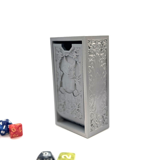 Folding Silver Dice Tower with Cute Smiling Dinosaur – D&D, RPG, Table gaming