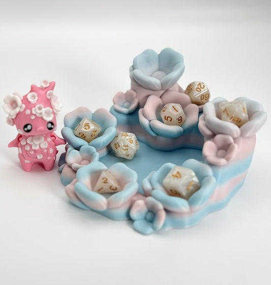 Cute Flower Dice Holder & Rolling Tray with Kitty Figure