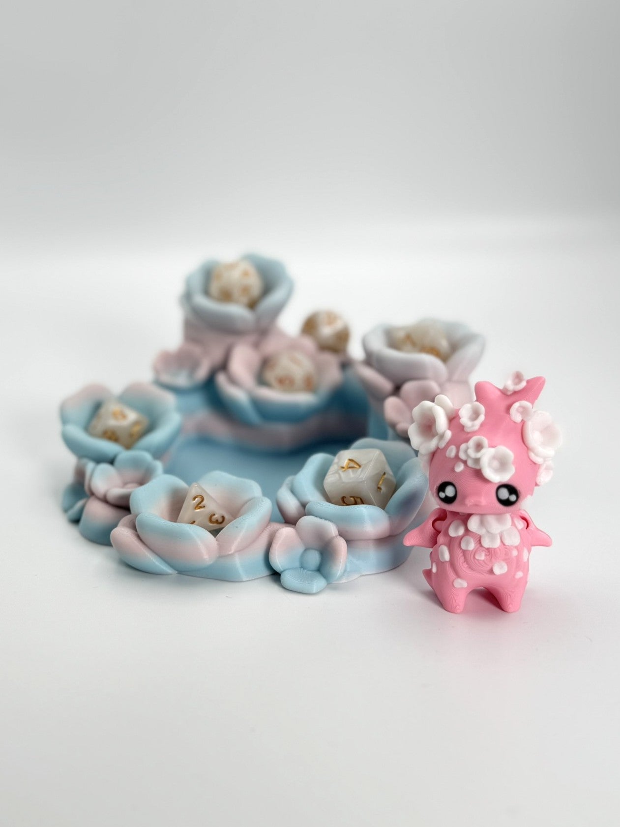 Cute Flower Dice Holder & Rolling Tray with Kitty Figure