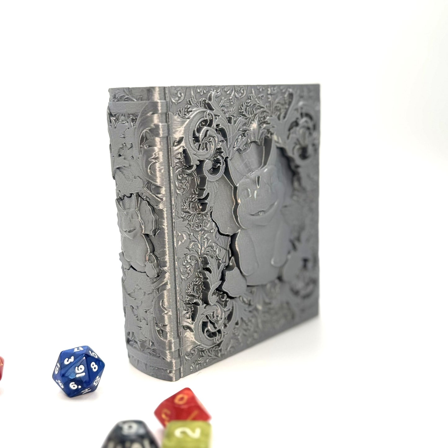 Dice Tome Dice Holder & Roller Box - Silver Smiling Dino Design - RPG, DnD, Board Games