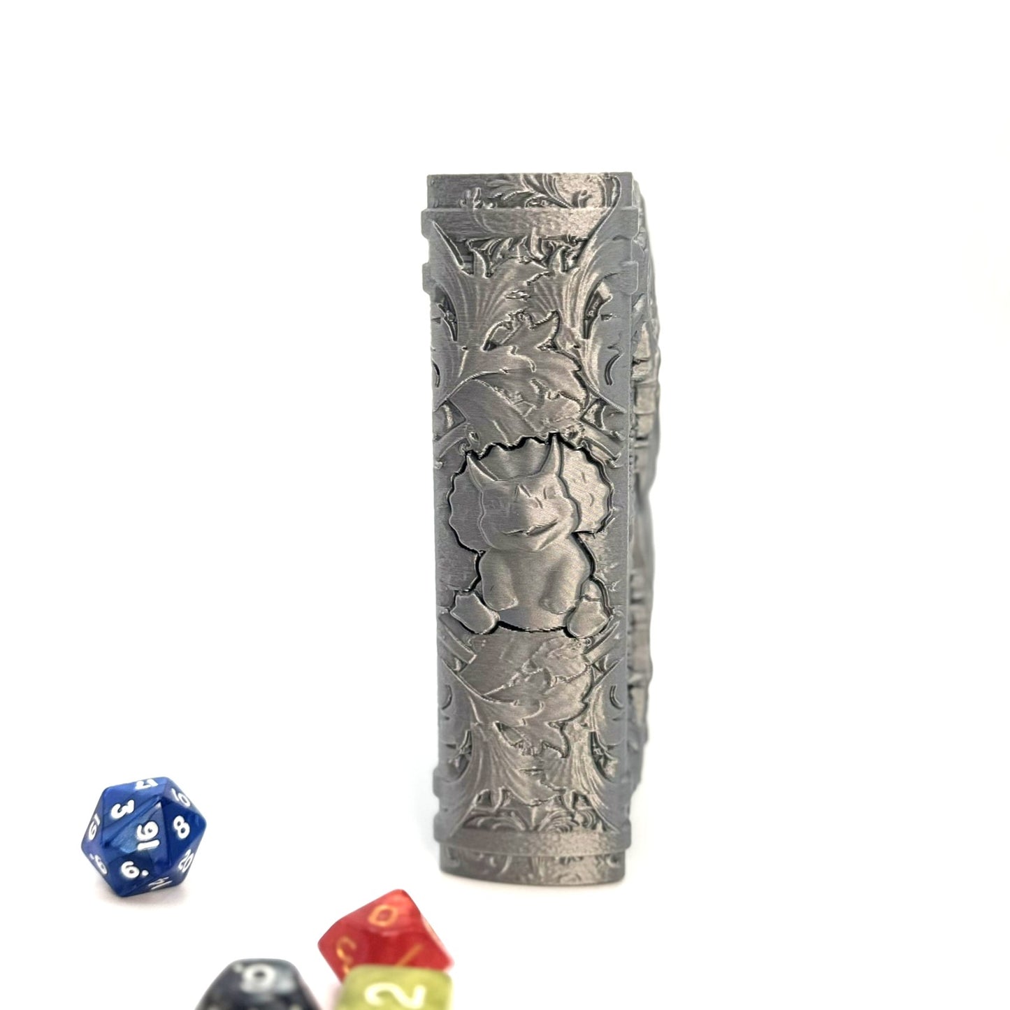Dice Tome Dice Holder & Roller Box - Silver Smiling Dino Design - RPG, DnD, Board Games