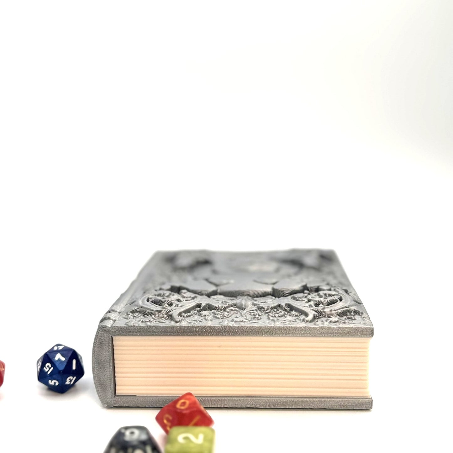 Dice Tome Dice Holder & Roller Box - Silver Smiling Dino Design - RPG, DnD, Board Games