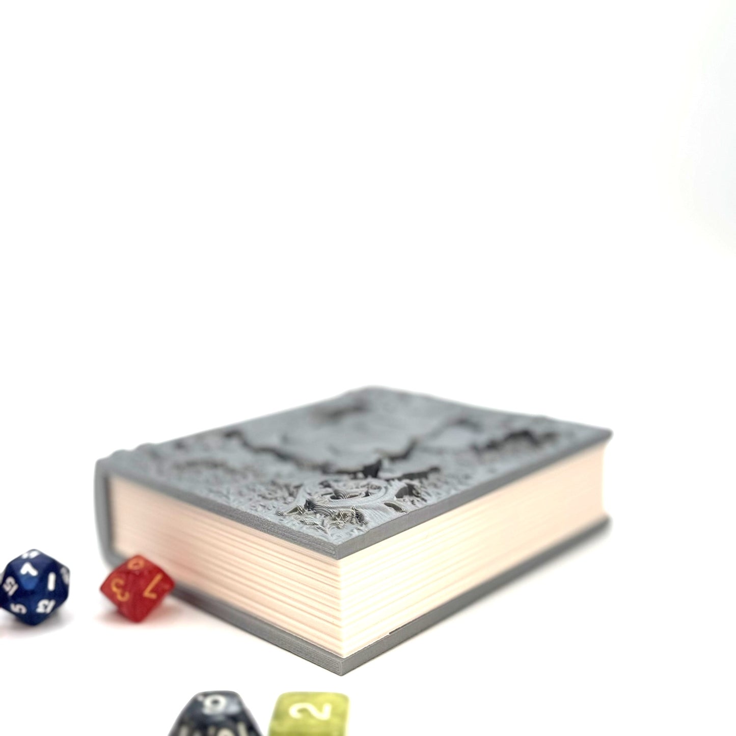 Dice Tome Dice Holder & Roller Box - Silver Smiling Dino Design - RPG, DnD, Board Games