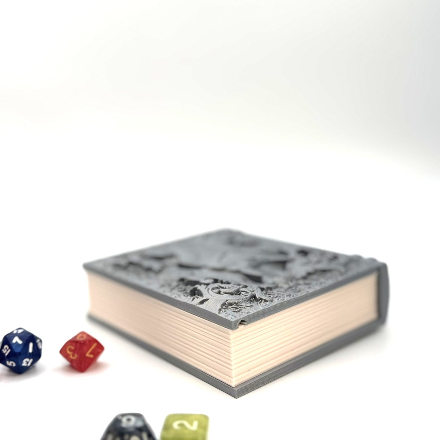 Dice Tome Dice Holder & Roller Box - Silver Smiling Dino Design - RPG, DnD, Board Games