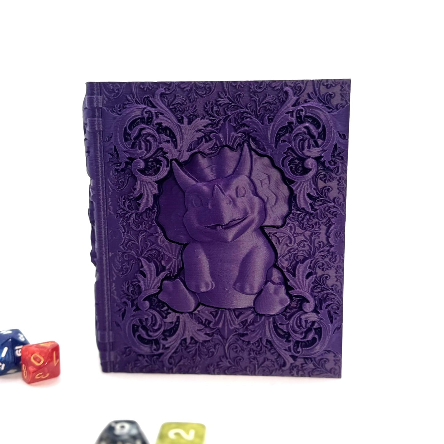 Book Themed Dice Tome Dice Box Purple Dino Silver DnD RPG Gift | Magic MTG