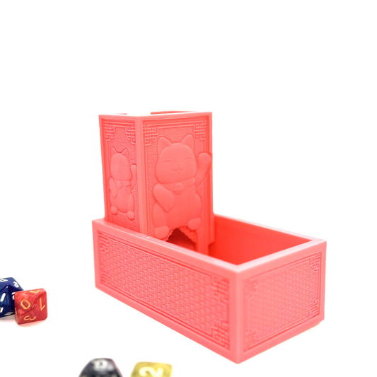 Happy Kitty Folding Dice Tower Pink Lucky Cat Compact 5x2.5x1.5 Cute Gamer Gift