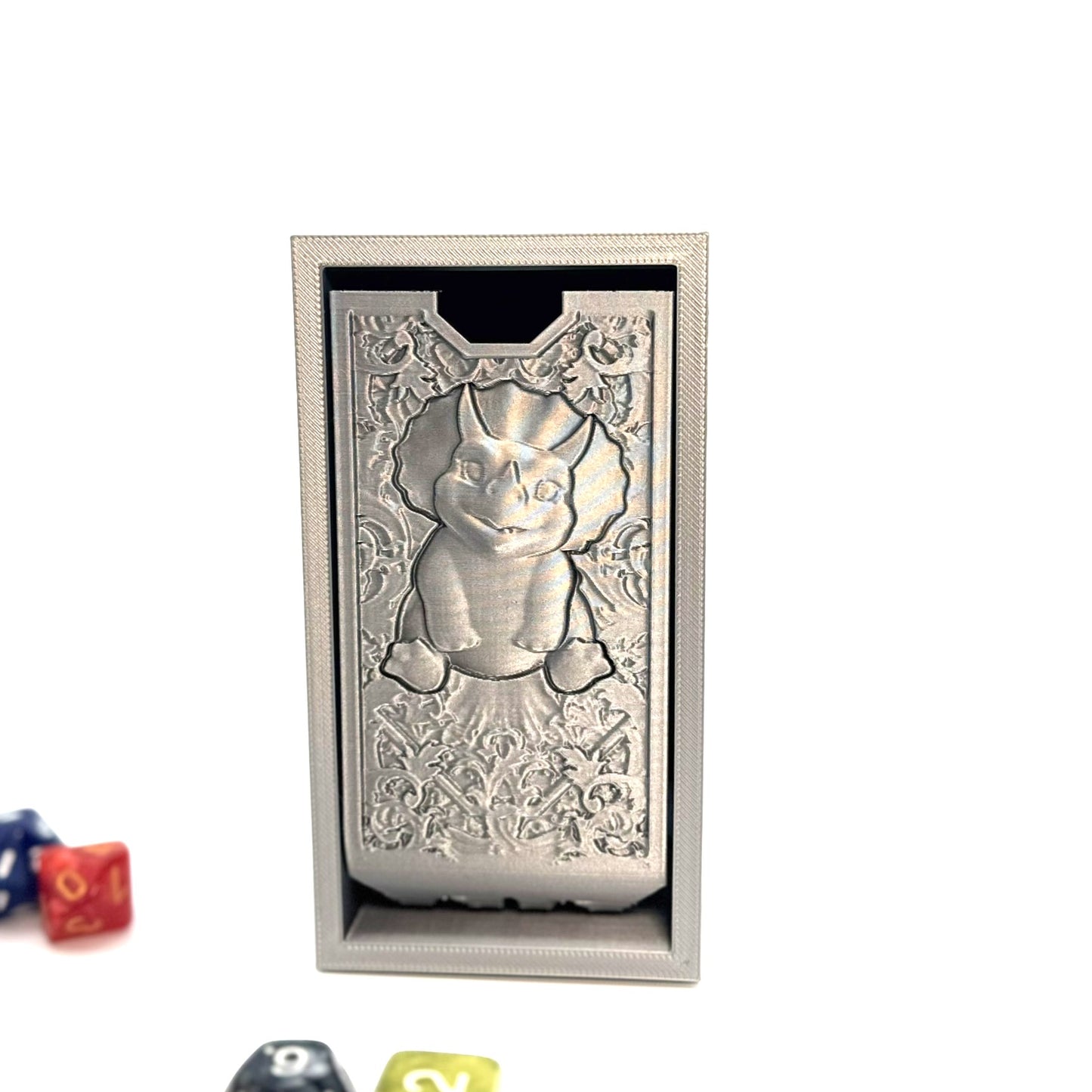 Folding Silver Dice Tower with Cute Smiling Dinosaur – D&D, RPG, Table gaming