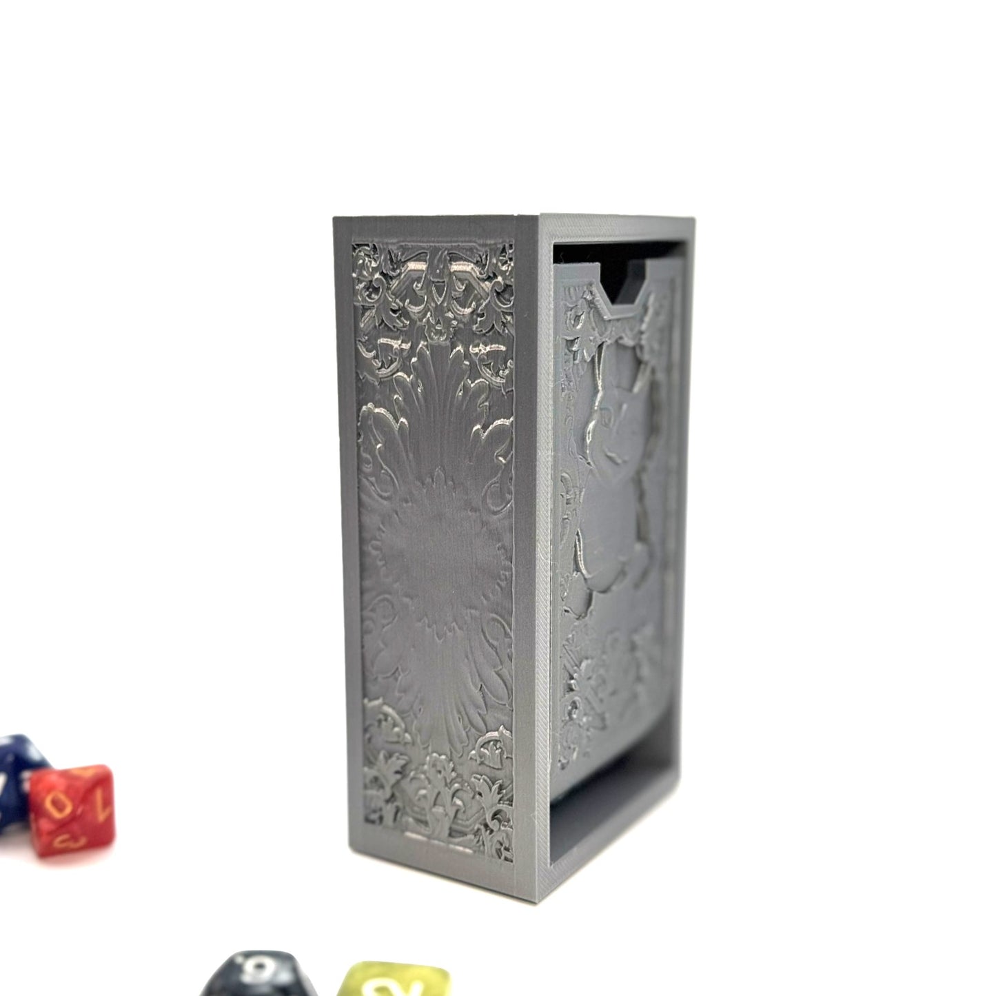 Folding Silver Dice Tower with Cute Smiling Dinosaur – D&D, RPG, Table gaming