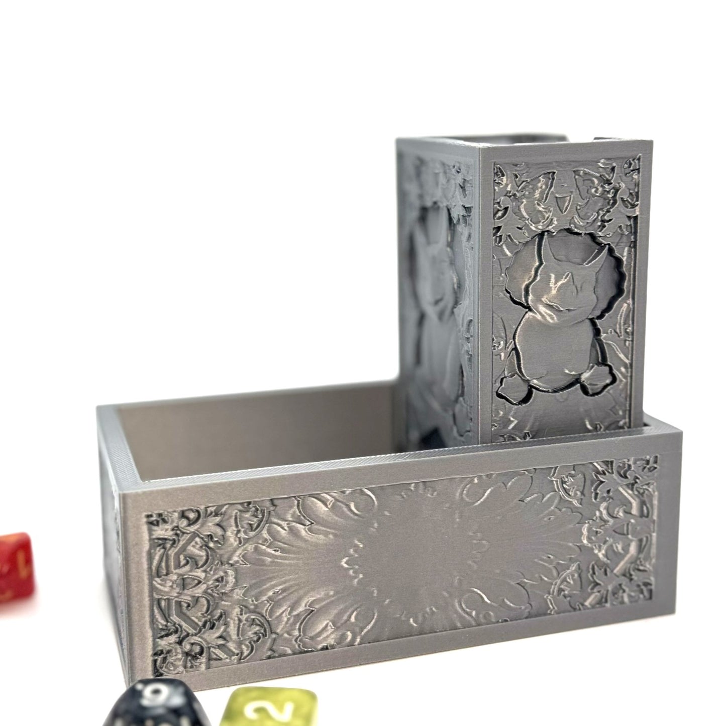 Folding Silver Dice Tower with Cute Smiling Dinosaur – D&D, RPG, Table gaming