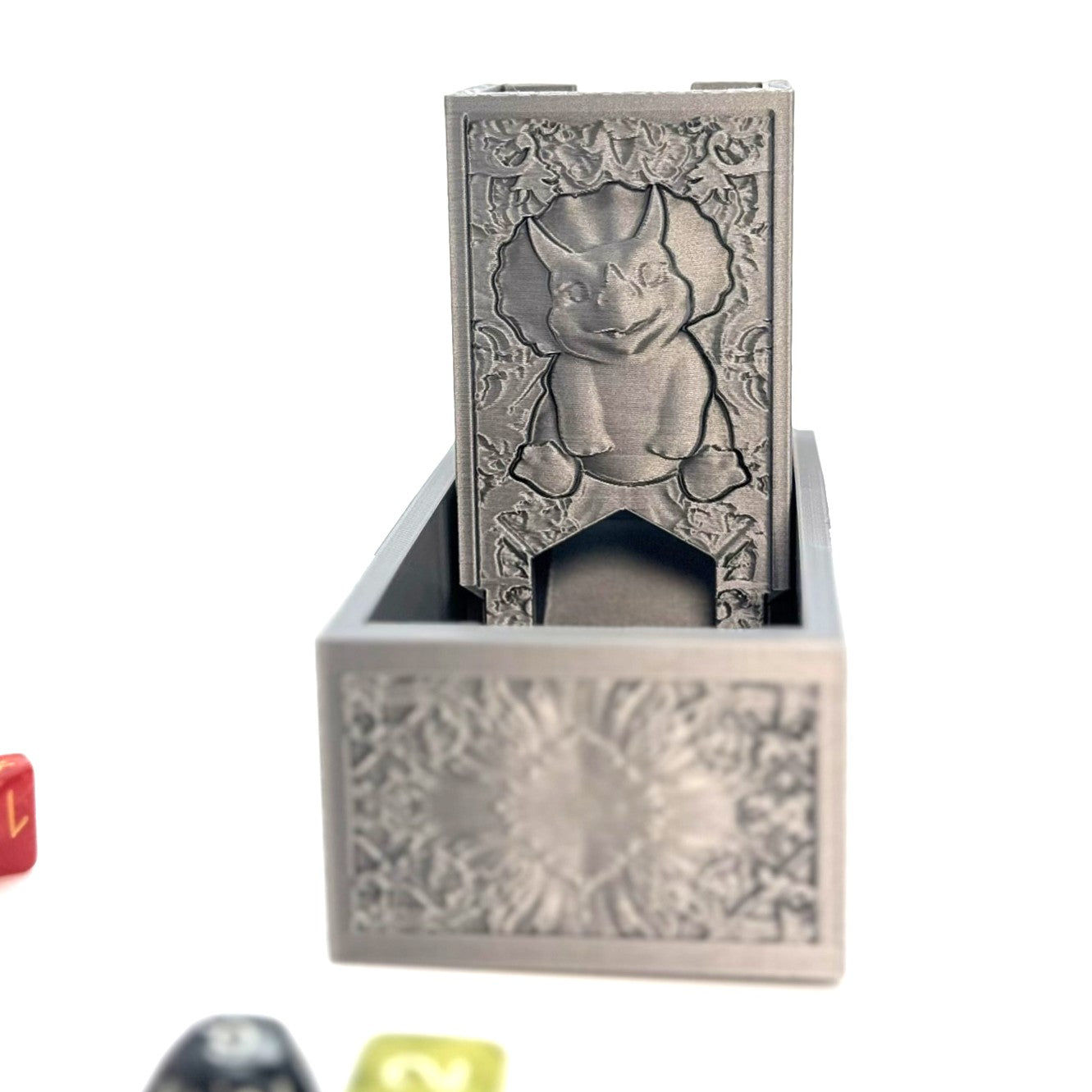 Folding Silver Dice Tower with Cute Smiling Dinosaur – D&D, RPG, Table gaming