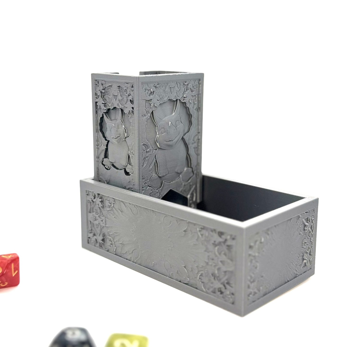 Folding Silver Dice Tower with Cute Smiling Dinosaur – D&D, RPG, Table gaming