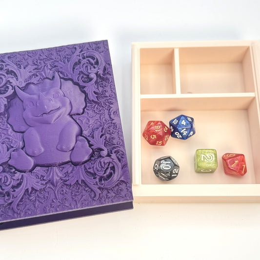 Book Themed Dice Tome Dice Box Purple Dino Silver DnD RPG Gift | Magic MTG