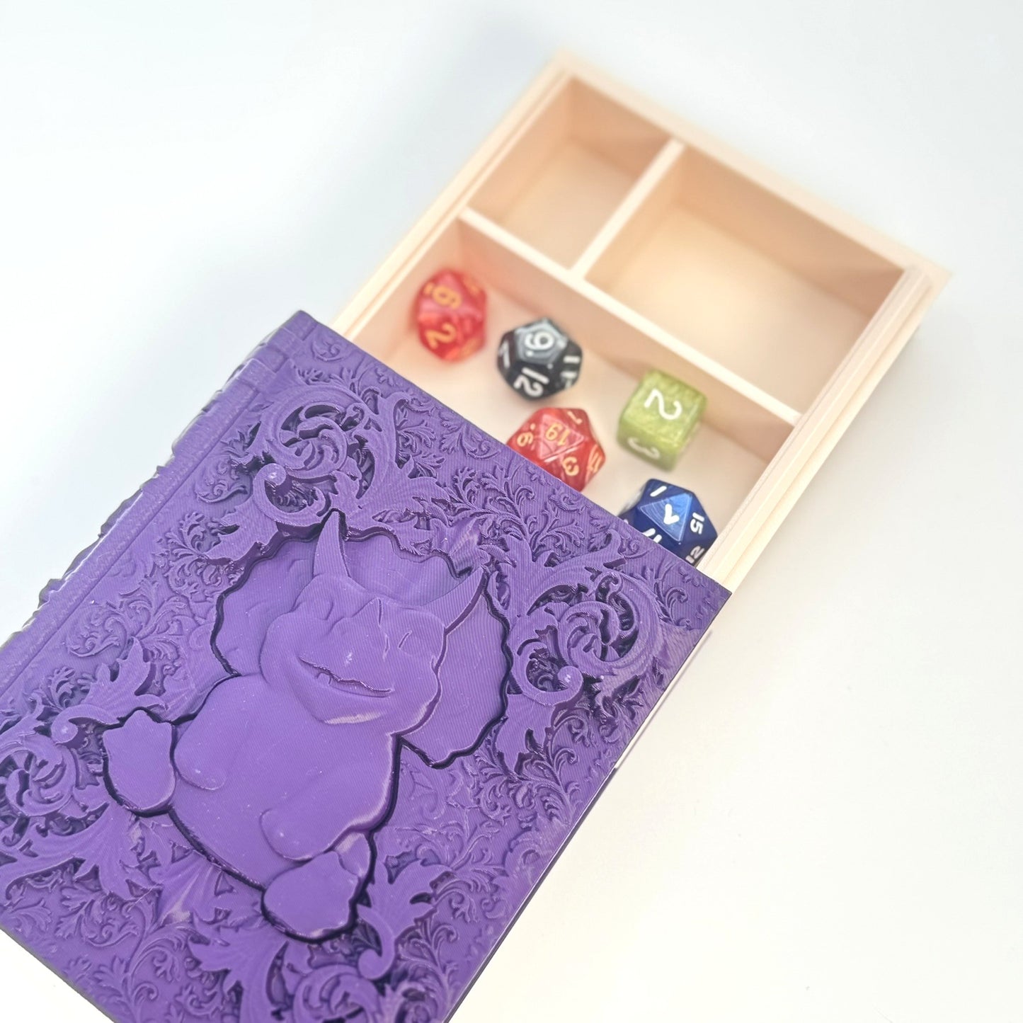 Book Themed Dice Tome Dice Box Purple Dino Silver DnD RPG Gift | Magic MTG