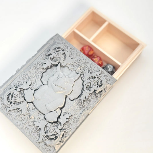 Dice Tome Dice Holder & Roller Box - Silver Smiling Dino Design - RPG, DnD, Board Games