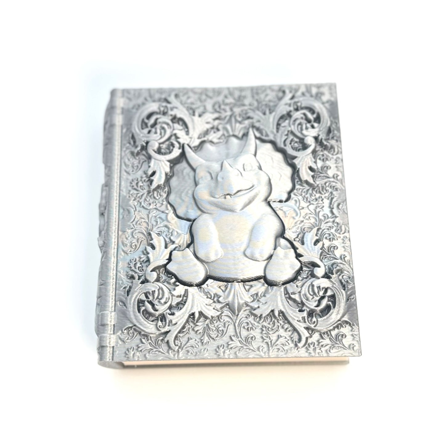 Dice Tome Dice Holder & Roller Box - Silver Smiling Dino Design - RPG, DnD, Board Games