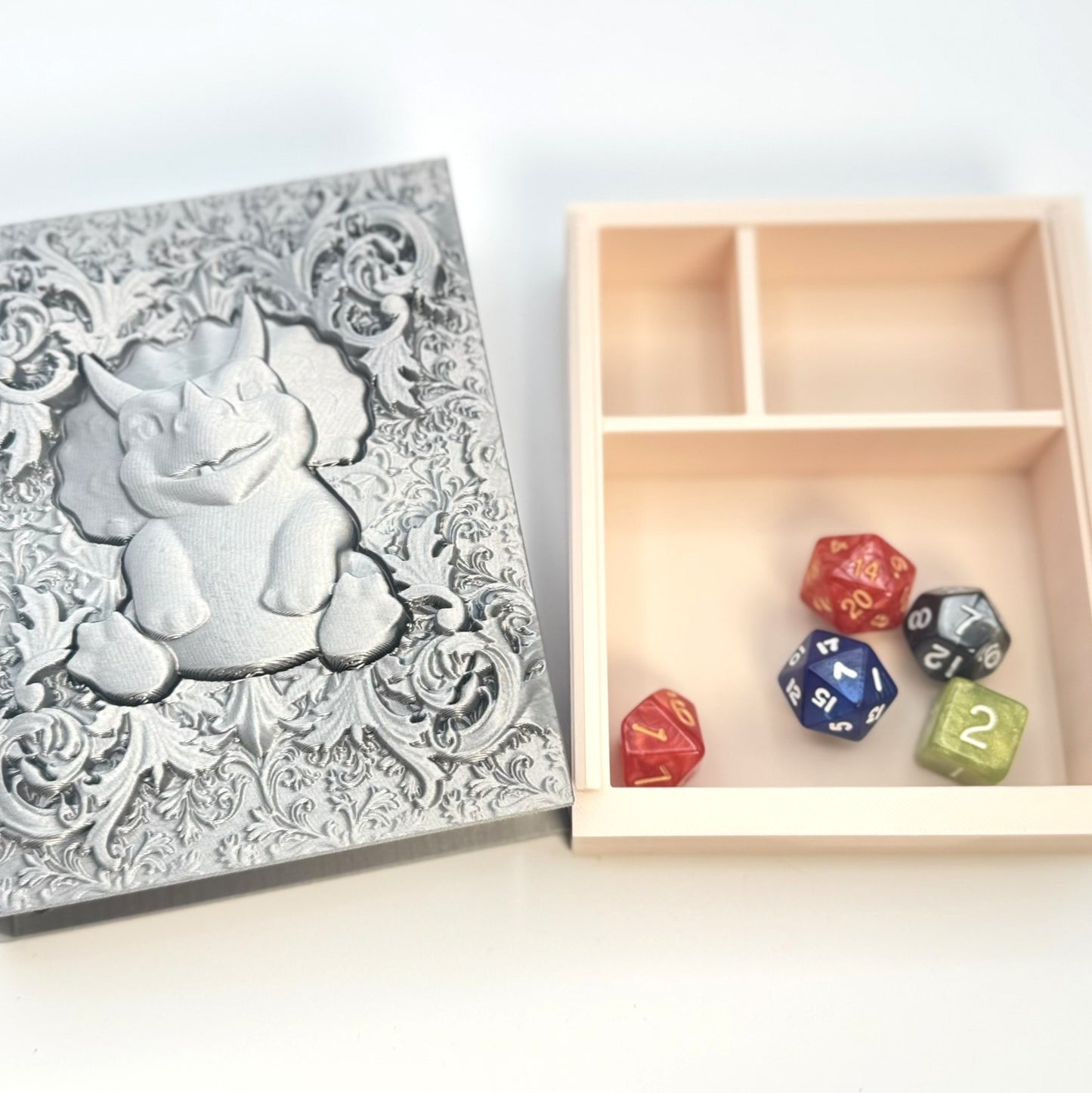 Dice Tome Dice Holder & Roller Box - Silver Smiling Dino Design - RPG, DnD, Board Games