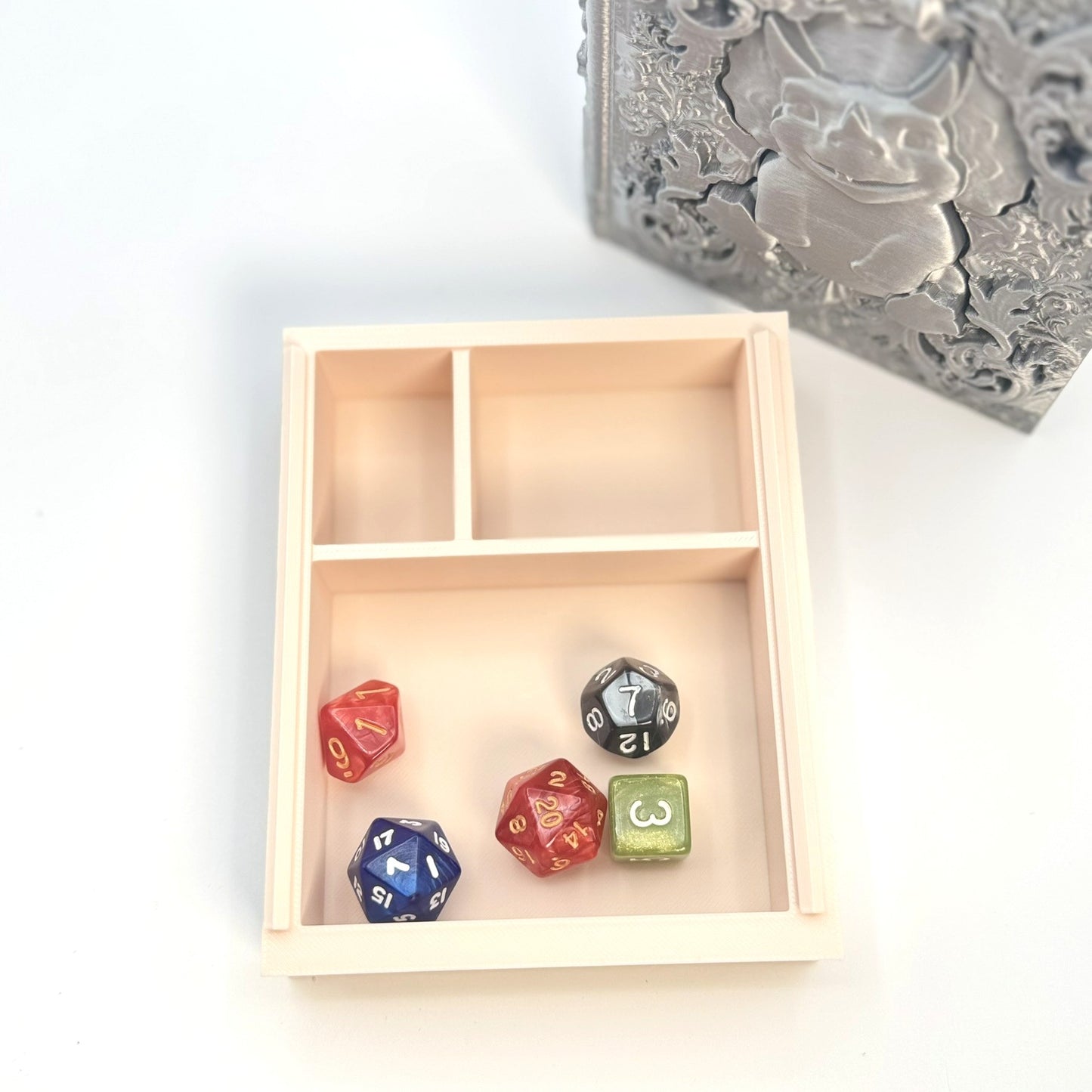 Dice Tome Dice Holder & Roller Box - Silver Smiling Dino Design - RPG, DnD, Board Games