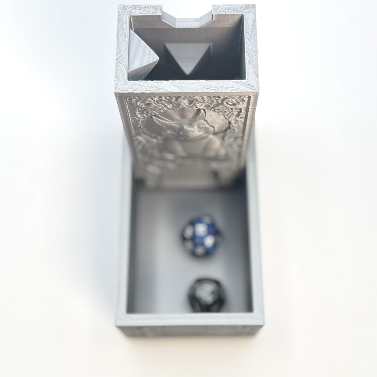 Folding Silver Dice Tower with Cute Smiling Dinosaur – D&D, RPG, Table gaming