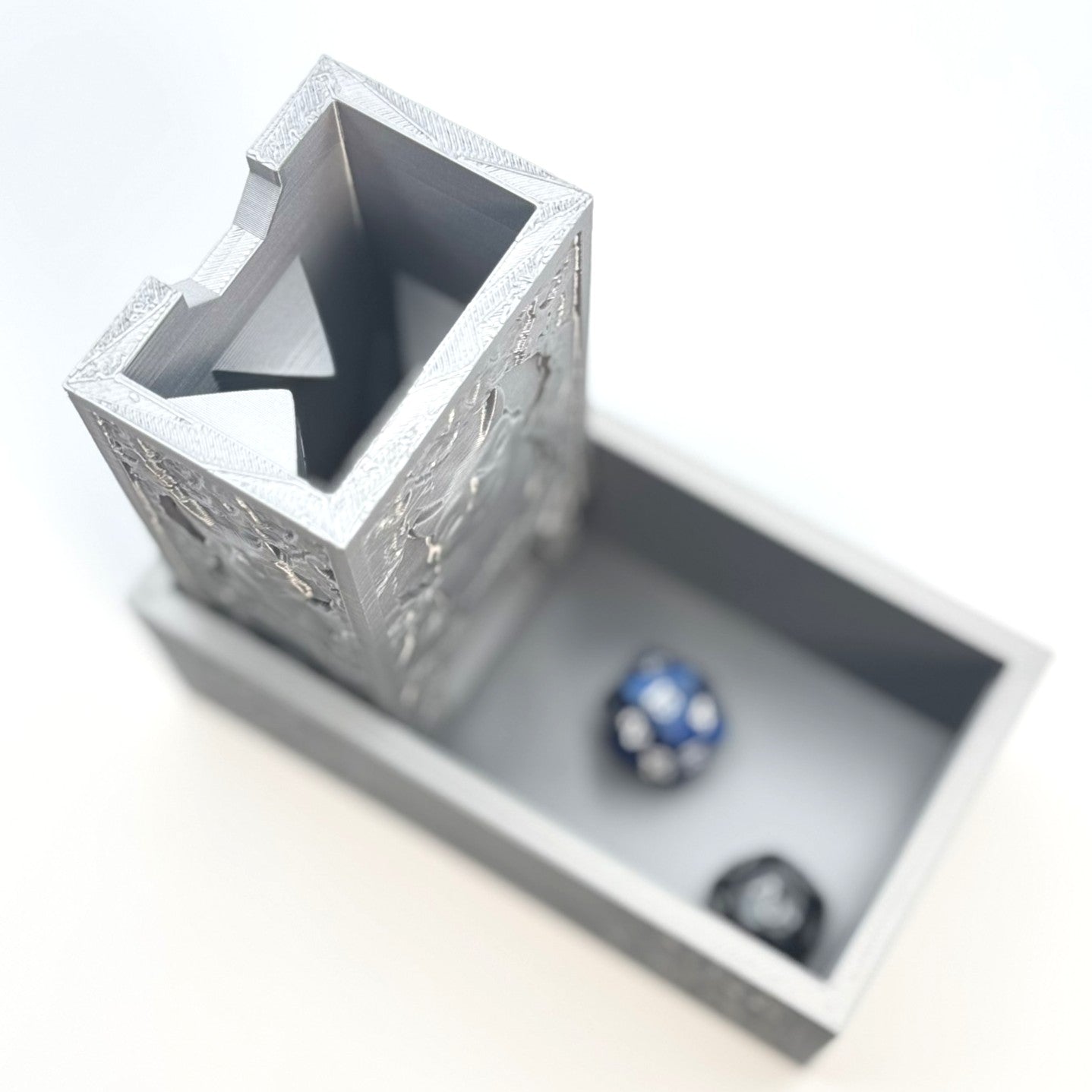Folding Silver Dice Tower with Cute Smiling Dinosaur – D&D, RPG, Table gaming