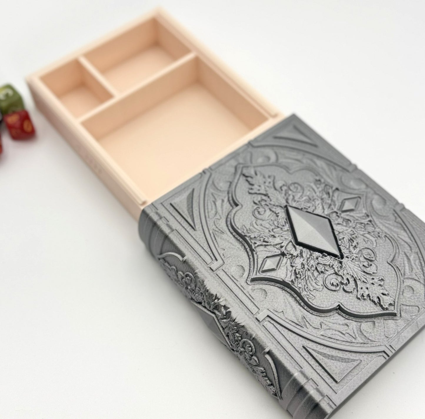 Book Themed Dice Tome Dice Holder & Rolling Tray for DND RPG Board Games Gift - Silver