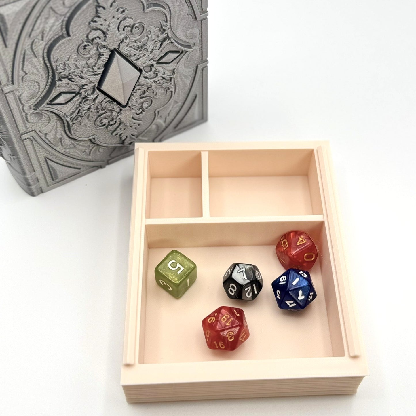 Book Themed Dice Tome Dice Holder & Rolling Tray for DND RPG Board Games Gift - Silver