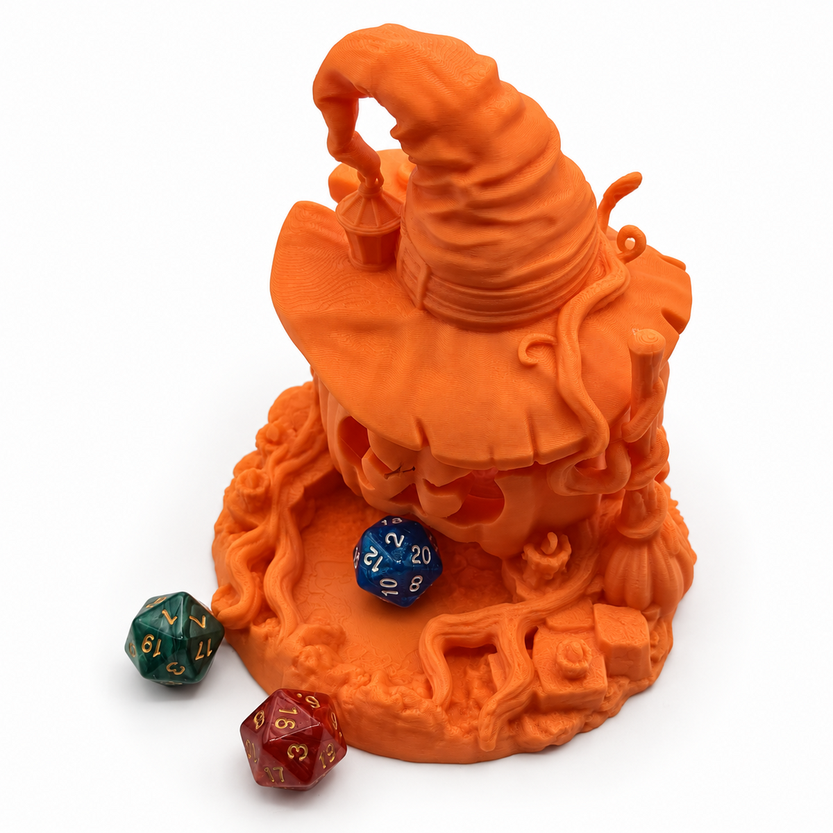 Pumpkin Dice Roller with Witch Hat for Halloween Gaming
