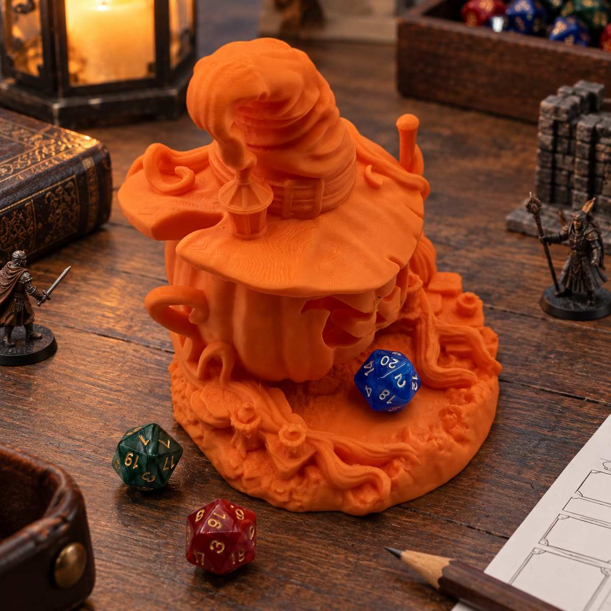 Pumpkin Dice Roller with Witch Hat for Halloween Gaming