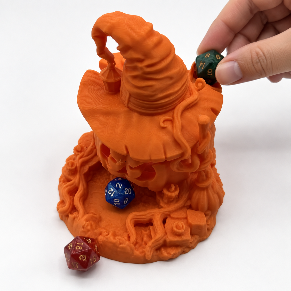 Pumpkin Dice Roller with Witch Hat for Halloween Gaming