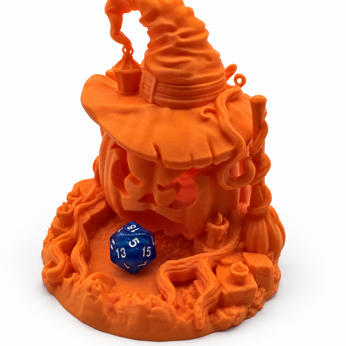 Pumpkin Dice Roller with Witch Hat for Halloween Gaming